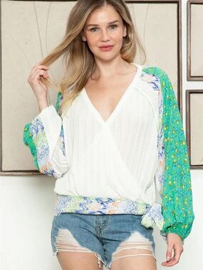 Women's Small White V-Neck boho Blouse with Green Floral Sleeves by Hummingbird